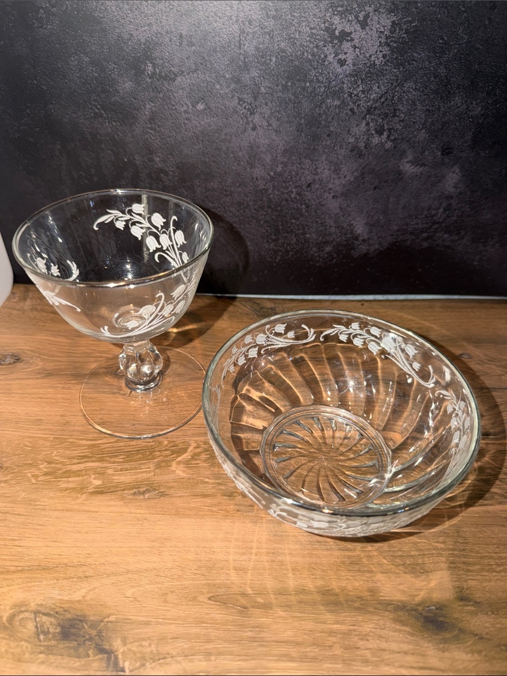 Elegant Clear Glass Serving Bowl and Compote with White Floral Etching